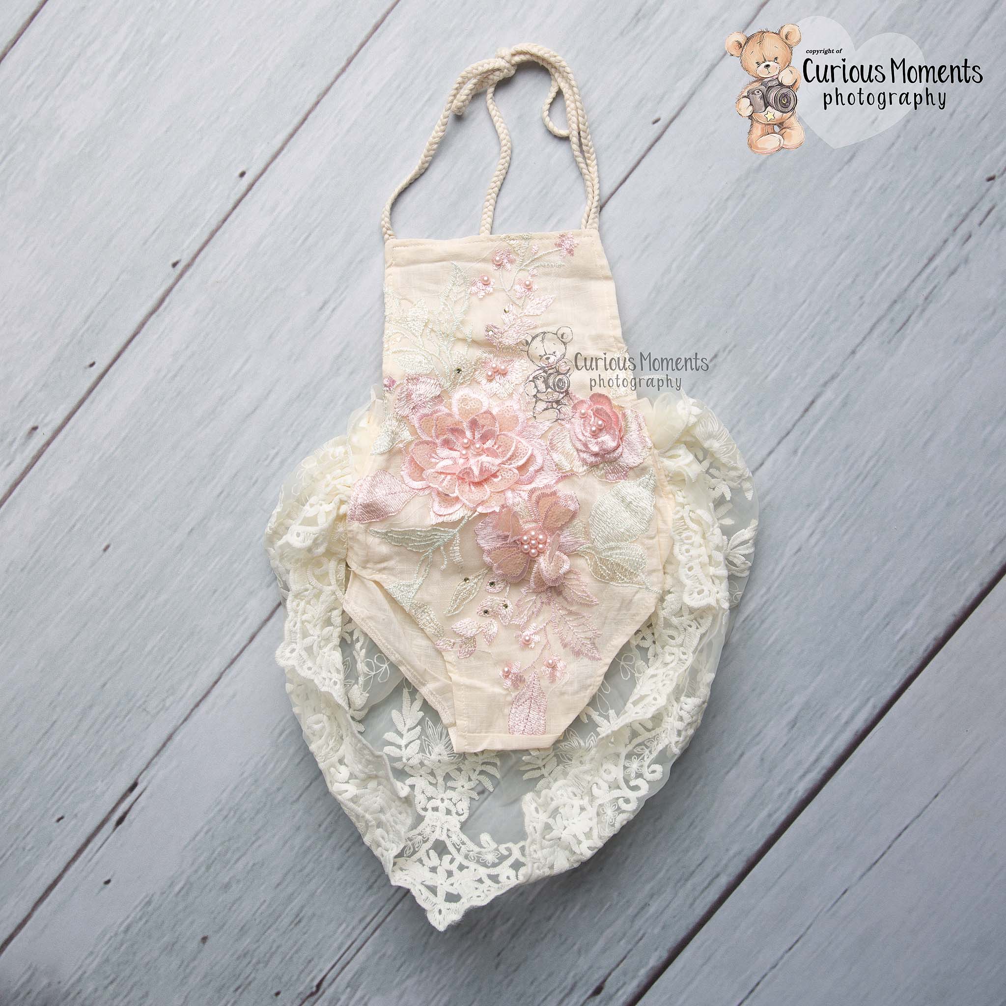 Cream & Pink Floral Romper With Train